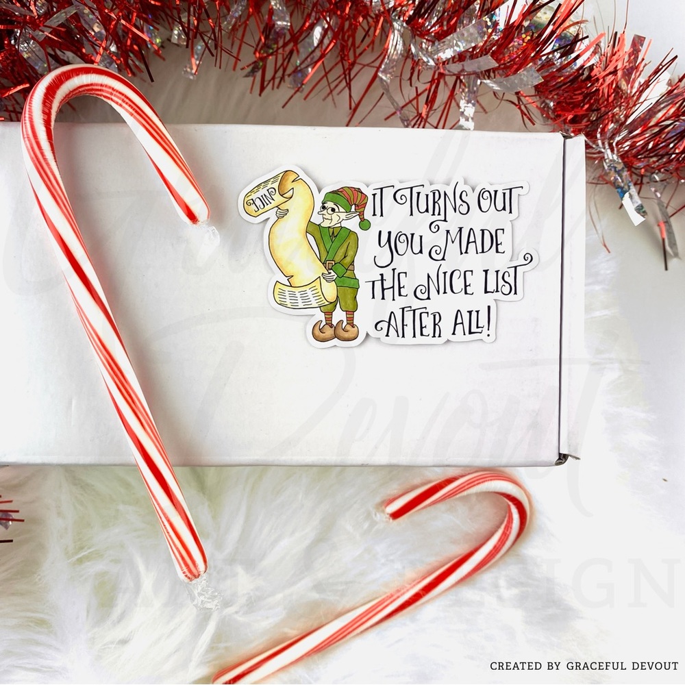 Elf Gift Wrap Stickers. “It Turns Out You Made The Nice List After All”- (24ct.) - Picture 3 of 5